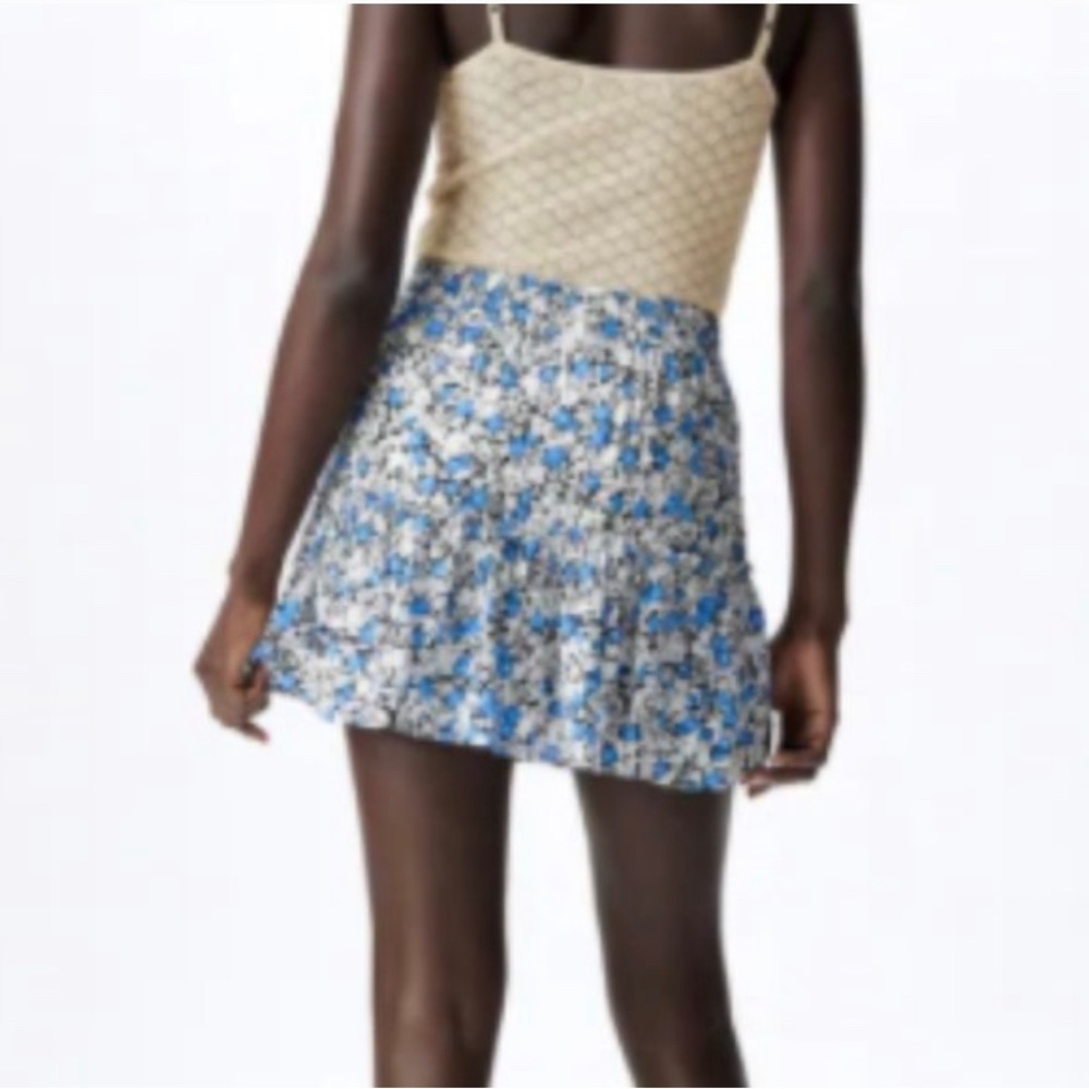 ♥️♥️ Zara Skort Pull On Ruffle Drawstring Floral Blue White Black